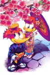 1boy 1girl bird blue_eyes caochannghiep2k3 flower gloves green_eyes happy highres holding japan japanese_clothes no_humans oil-paper_umbrella slippers toon_(style) tree umbrella universal_studios white_gloves winnie_woodpecker woody_woodpecker woody_woodpecker_(series)