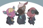  3girls :d animal_crossing animal_ear_piercing aqua_eyes aqua_neckerchief artist_name black_sailor_collar black_serafuku black_shirt black_skirt blonde_hair blue_eyes bright_pupils cherry_(animal_crossing) closed_mouth commentary_request deer_girl dog_girl ear_piercing eyelashes fuchsia_(animal_crossing) furry furry_female grey_background hand_on_own_hip hand_up highres holding holding_stick horse_girl kaji_(oni_atat) long_sleeves looking_at_viewer multiple_girls neckerchief open_mouth piercing pleated_skirt red_neckerchief reneigh_(animal_crossing) sailor_collar school_uniform serafuku shirt simple_background skirt smile stick twitter_username two-tone_background white_background white_hair white_pupils yellow_neckerchief 