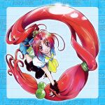  1990s_(style) 1girl absurdly_long_hair animal_on_shoulder asuka_120_percent black_thighhighs blue_skirt frog full_body hair_bobbles hair_ornament high_ponytail highres ishida_atsuko long_hair miniskirt neckerchief non-web_source official_art open_mouth pleated_skirt puffy_short_sleeves puffy_sleeves red_eyes redhead retro_artstyle school_uniform short_sleeves skirt solo sparkle thigh-highs toyota_karina very_long_hair zettai_ryouiki 