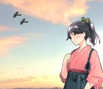  1girl aircraft airplane black_hair black_hakama blue_sky clouds commentary_request cowboy_shot dawn furaggu_(frag_0416) gradient_sky green_eyes hakama hakama_skirt highres houshou_(kancolle) japanese_clothes kantai_collection kimono long_hair pink_kimono ponytail skirt sky solo tasuki 