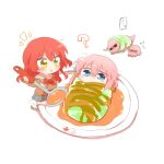  2girls ? blue_eyes blush bocchi_the_rock! bow bowtie brown_sweater cabbage chibi chibi_only food gotoh_hitori gotoh_hitori_(octopus) gotoh_hitori_(tsuchinoko) grey_skirt hair_between_eyes holding holding_ladle in_food kita_ikuyo ladle long_hair looking_at_another looking_at_viewer mini_person minigirl multiple_girls open_mouth pink_hair plate pleated_skirt rebecca_(keinelove) red_bow red_bowtie redhead sailor_collar sauce simple_background skirt socks sweater white_background white_sailor_collar white_socks wrapped_up yellow_eyes 