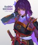  1girl armor artist_name cowboy_shot electro_symbol_(genshin_impact) genshin_impact hair_between_eyes hair_ornament hand_in_own_hair highres katana keibleh purple_hair raiden_shogun red_ribbon ribbon shoulder_armor solo sword upper_body violet_eyes weapon 