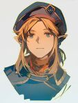  1boy blonde_hair blue_eyes closed_mouth earrings grey_background hat highres jewelry link looking_at_viewer low_ponytail male_focus medium_hair military_hat military_uniform parted_bangs pointy_ears portrait royal_guard_set_(zelda) sidelocks solo the_legend_of_zelda the_legend_of_zelda:_tears_of_the_kingdom uniform yuno_11_02 