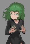  1girl black_dress breasts closed_mouth collarbone cowboy_shot dress green_eyes green_hair grey_background highres long_sleeves looking_at_viewer medium_hair mogglebear one-punch_man simple_background small_breasts solo tatsumaki 