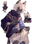  1boy ahoge animal_ears baggy_pants blue_eyes blue_tongue cat cat_boy cat_ears cat_tail chibi colored_tongue dark-skinned_male dark_skin fluffy_hair hair_between_eyes highres looking_at_viewer male_focus open_mouth original pants purple_poncho ringed_eyes sharp_teeth short_hair sidelighting standing standing_on_one_leg tail teeth violet_eyes white_background white_freckles white_hair white_pants 