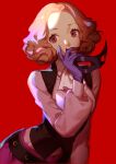  1girl ascot ask_(askzy) belt black_vest breasts curly_hair forehead gloves hand_up holding holding_mask light_brown_hair mask medium_breasts okumura_haru persona persona_5 puffy_sleeves purple_gloves red_background shirt simple_background solo upper_body vest violet_eyes white_ascot 