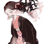  1girl bit_gag black_hair black_haori colored_tips gag hair_ribbon japanese_clothes kamado_nezuko kimetsu_no_yaiba kimono long_hair matatatatabi multicolored_hair obi pink_eyes pink_kimono pink_ribbon ribbon sash solo upper_body white_background wide_sleeves 