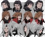  3boys absurdres angeal_hewley aqua_eyes armor artist_name black_coat black_hair black_shirt blue_eyes border brown_hair closed_eyes closed_mouth coat crisis_core_final_fantasy_vii expressions facial_hair final_fantasy final_fantasy_vii furrowed_brow genesis_rhapsodos grey_background grey_hair hair_between_eyes hair_over_one_eye highres long_hair male_focus medium_hair multiple_boys multiple_views open_mouth parted_bangs parted_lips red_coat roku_(gansuns) sephiroth shirt shoulder_armor shouting sideburns slit_pupils smile soul_patch swept_bangs turtleneck white_border 