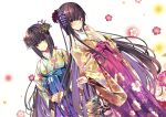  2girls 3: black_hair blue_hakama floral_print flower gradient_hakama green_kimono hair_flower hair_ornament hakama hertrauda_sera_fanoss hertrude_sera_fanoss highres japanese_clothes kanzashi kimono kinchaku light_smile long_hair looking_at_viewer multiple_girls otome_gee_sekai_wa_mob_ni_kibishii_sekai_desu own_hands_together pouch print_kimono purple_hakama red_eyes red_hakama shiosato_jun tsumami_kanzashi very_long_hair yellow_kimono 