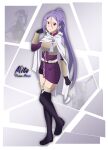  1girl absurdres apiz_141 belt cloak commentary_request fingerless_gloves full_body gloves hair_ornament highres leg_up long_hair mito_(sao) purple_hair red_eyes solo standing standing_on_one_leg sword_art_online 