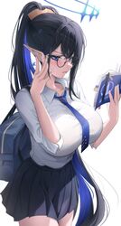  1girl bag black_hair black_skirt blue_archive blue_eyes blue_hair blue_halo blue_necktie blush book breasts collared_shirt colored_inner_hair cowboy_shot earrings giga-tera glasses halo highres holding holding_book jewelry large_breasts long_hair multicolored_hair necktie open_book open_mouth pen pleated_skirt pointy_ears rin_(blue_archive) school_bag shirt simple_background skirt solo very_long_hair white_background white_shirt 