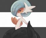  1girl alternate_color black_gloves black_skirt blue_hair bob_cut colored_skin commentary e_(pixiv_50139128) elbow_gloves flat_chest from_side gardevoir gloves hair_over_one_eye mega_gardevoir mega_pokemon official_alternate_color one_eye_covered open_mouth orange_eyes pokemon pokemon_(creature) shiny_pokemon short_hair simple_background skirt solo topless two-tone_background white_skin 