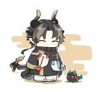  1boy animalization arknights black_jacket brown_hair chibi chong_yue_(arknights) clinging closed_eyes colored_shadow commentary_request dragon_boy dragon_bubble_(arknights) dragon_horns dragon_tail dusk_(arknights) earrings full_body horns jacket jewelry ling_(arknights) long_hair male_focus nian_(arknights) pants pointy_ears red_eyes shadow signature sleeves_past_fingers sleeves_past_wrists soppos tail tassel tassel_earrings two-tone_background white_background white_pants yellow_background 