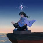  1girl above_clouds black_hair black_thighhighs blue_cape blue_hair boots cape cliff closed_eyes closed_mouth clouds dusk gradient_sky hair_bun highres indian_style long_hair meditation mudra multicolored_hair original ripples sitting sky solo star_(symbol) streaked_hair thigh-highs vitarka_mudra white_footwear xiaomai_yorik 