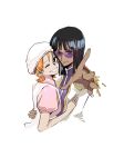  2girls black_hair blunt_bangs chinese_commentary coat commentary_request dress epaulettes guaguapiu hat highres hug looking_at_viewer medium_hair multiple_girls nami_(one_piece) nico_robin one_eye_closed one_piece orange_hair pink_dress puffy_short_sleeves puffy_sleeves purple_shirt shirt short_sleeves simple_background smile sunglasses upper_body white_background white_coat 