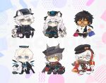  1girl 5boys animal animal_ear_fluff animal_ears arknights bag bespectacled black_cape black_capelet black_dress black_hair black_headwear black_jacket black_shorts black_suit blonde_hair blue_background blue_eyes blue_necktie brown_scarf cape capelet card cat cat_boy cat_ears chibi christine_(arknights) commentary_request dark-skinned_male dark_skin dress ears_through_headwear elysium_(arknights) elysium_(snowy_echo)_(arknights) executor_(arknights) executor_(titleless_code)_(arknights) fanny_pack full_body fur-trimmed_cape fur-trimmed_capelet fur_trim glasses gradient_background grey_hair gun halo hand_fan hat holding holding_bag holding_card holding_fan holding_gun holding_umbrella holding_weapon id_card jacket jewelry leopard_boy leopard_ears leopard_girl leopard_tail light_smile looking_at_viewer multicolored_background multicolored_clothes multicolored_hair multicolored_jacket multiple_boys necklace necktie official_alternate_costume one_eye_closed pants phantom_(arknights) phantom_(dream_within_a_dreammare)_(arknights) pink_background playing_card ponytail pramanix_(arknights) pramanix_(caster&#039;s_frost)_(arknights) red_cape red_necktie redhead scarf shirt shorts silverash_(arknights) silverash_(york&#039;s_bise)_(arknights) soppos suit t-shirt tail thorns_(arknights) thorns_(comodo)_(arknights) two-sided_cape two-sided_fabric two-tone_jacket umbrella weapon white_cat white_jacket white_pants white_shirt wings yellow_eyes 