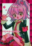  highres hinamori_amu light_blush menma_(enaic31) necktie open_mouth pink_hair pink_necktie plaid plaid_leg_warmers plaid_legwear shugo_chara! smile v wispy_bangs 