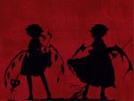  2girls absurdres bat_wings debiru_takako flandre_scarlet full_body hat highres laevatein_(touhou) medium_hair mob_cap multiple_girls one_side_up puffy_short_sleeves puffy_sleeves red_background remilia_scarlet shoes short_sleeves siblings silhouette sisters skirt spear_the_gungnir spot_color standing touhou wings 