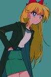  1girl aino_minako bishoujo_senshi_sailor_moon blonde_hair blue_eyes bow coat green_background green_coat green_skirt highres long_hair pochi_(askas_is_god) red_bow shadow simple_background skirt solo 