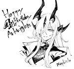  1girl arknights copyright_name dragon_girl english_text greyscale grin hair_over_one_eye happy_anniversary highres horns long_hair looking_at_viewer mephisto_(angraecum) monochrome parted_lips portrait reed_(arknights) reed_the_flame_shadow_(arknights) sidelocks signature simple_background sketch smile solo 