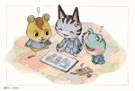  ! 1boy 2girls :3 :d ^_^ animal_crossing artist_name black_eyes blue_shirt blush blush_stickers bow brown_eyes cat_girl closed_eyes collared_shirt commentary_request crayon drawing_(object) eraser foam_mat frog_girl furry furry_female furry_male hair_bow hamlet_(animal_crossing) hamster_boy highres holding holding_crayon kaji_(oni_atat) kneeling lily_(animal_crossing) lolly_(animal_crossing) long_sleeves multiple_girls name_tag open_mouth pink_bow school_uniform shirt simple_background sitting sketchbook smile twitter_username white_background 