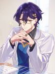  1boy alternate_costume blue_hair closed_mouth coat dr._ratio_(honkai:_star_rail) glasses hair_between_eyes hair_ornament highres holding holding_pen honkai:_star_rail honkai_(series) jewelry long_sleeves looking_at_viewer male_focus pen red_eyes ring short_hair solo stars4993 upper_body white_coat 