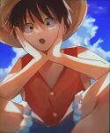  1boy black_hair blue_shorts clouds hand_on_own_cheek hand_on_own_face hat highres looking_at_viewer machida_0906 male_focus monkey_d._luffy one_piece red_shirt scar scar_on_face shirt short_hair shorts sky solo squatting straw_hat 
