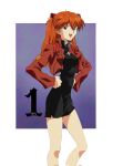  1girl amondetauro breasts cosplay cross cross_necklace hair_between_eyes happy highres jacket jewelry katsuragi_misato katsuragi_misato_(cosplay) legs necklace neon_genesis_evangelion open_mouth orange_hair red_jacket solo souryuu_asuka_langley standing teeth upper_teeth_only 