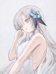  1girl bare_shoulders blue_flower blue_hair blush dress expressionless flower grey_hair hair_flower hair_ornament highres isekai_joucho kamitsubaki_studio long_hair looking_to_the_side multicolored_hair parted_lips rklslred2578 solo two-tone_hair upper_body virtual_youtuber white_dress 