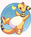  ampharos blue_background closed_eyes full_body heart highres no_humans open_mouth opryee pokemon pokemon_(creature) solo star_(symbol) tail two-tone_background white_background 