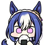  1girl :3 animal_ears blue_hair blush_stickers braid cesario_(umamusume) chibi commentary crown_braid ear_ornament eating food food_on_face hair_between_eyes holding holding_food horse_ears horse_girl jazz_jack loose_hair_strand lowres medium_hair meme multicolored_hair neta onigiri puffy_short_sleeves puffy_sleeves purple_shirt rice rice_on_face school_uniform shirt short_sleeves simple_background solo summer_uniform tail tracen_school_uniform two-tone_hair umamusume violet_eyes white_background white_hair wide_face 