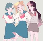  3girls bishoujo_senshi_sailor_moon black_hair blonde_hair blue_eyes blue_hair blue_serafuku blue_skirt blush bow bowtie buttons cowboy_shot double-breasted double_bun grey_sailor_collar grey_serafuku grey_skirt hair_bun highres hino_rei locked_arms long_hair long_sleeves matatatatabi midriff_peek mizuno_ami multiple_girls open_mouth pleated_skirt red_bow red_bowtie sailor_collar school_uniform serafuku shirt short_hair skirt smile tsukino_usagi twintails white_shirt 