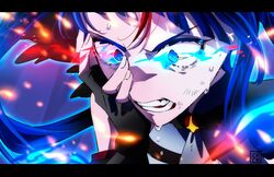  1girl aoi_tete artist_logo black_gloves black_wings blue_eyes blue_hair brooch commentary cure_sky cut_bangs dark_cure_sky dark_persona detached_sleeves embers feathered_wings fingerless_gloves frown gloves glowing glowing_eyes grimace hand_on_own_face highres hirogaru_sky!_precure jewelry letterboxed long_hair magical_girl multicolored_hair precure puffy_detached_sleeves puffy_sleeves solo sora_harewataru streaked_hair sweat twintails wing_brooch wings 