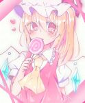  1girl ascot blonde_hair candy collared_shirt crystal eating flandre_scarlet food frilled_shirt_collar frills hair_between_eyes happy hat highres holding holding_candy holding_food holding_lollipop lollipop looking_at_viewer medium_hair mob_cap one_side_up puffy_short_sleeves puffy_sleeves red_eyes red_vest shihara_hazuki_816 shirt short_sleeves solo touhou upper_body vest white_headwear white_shirt wings yellow_ascot 