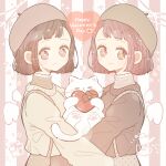  2girls animal beret brown_eyes brown_hair brown_headwear brown_sweater cat closed_mouth detached_wings fake_wings frilled_sweater frills grey_sweater halftone happy_valentine hat heart highres light_smile long_sleeves looking_at_viewer multiple_girls necono_naco notice_lines original pastel_colors pink_hair short_hair siblings signature sparkle star-shaped_pupils star_(symbol) sweater symbol-shaped_pupils turtleneck twins white_cat wings 