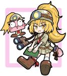  2girls :d ankle_ribbon bandages belt binoculars blonde_hair blush book brown_footwear brown_shirt creature_and_personification goombella helmet highres holding holding_book jewelry leg_ribbon long_hair multiple_girls nuudayo_nuudayo open_mouth paper_mario paper_mario:_the_thousand_year_door personification pocket ponytail pouch red_ribbon ribbon ring shirt short_sleeves simple_background smile socks sticker super_mario_bros. white_socks yellow_eyes 