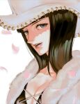  1girl black_hair black_shirt blue_eyes coat cross-laced_clothes cross-laced_top fur_collar hat highres looking_at_viewer medium_hair nico_robin one_piece petals red_lips shirt simple_background smile solo third-party_source white_background white_coat white_headwear yo0590 