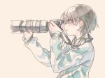  1girl ajomo blue_eyes blue_jacket brown_hair camera dslr hands_up holding holding_camera jacket long_sleeves original parted_lips profile short_hair simple_background solo strap taking_picture track_jacket upper_body yellow_background 