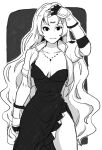  1girl breasts closed_mouth dress fingerless_gloves gloves greyscale highres jacket jewelry long_hair looking_at_viewer monochrome necklace opera_vectra smile solo star_ocean star_ocean_the_second_story third_eye 