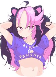  1girl absurdres ahoge animal_ear_piercing animal_ears arms_behind_head arms_up blush breasts cat_ears closed_mouth colored_inner_hair commentary crop_top earrings eyes_visible_through_hair fferumon highres indie_virtual_youtuber jewelry long_hair looking_at_viewer medium_breasts messy_hair midriff mole mole_on_cheek mole_on_stomach mole_under_eye multicolored_hair navel paw_print pink_eyes pink_hair pout purple_hair purple_shirt raised_eyebrow shirt shura_hiwa simple_background solo spanish_commentary stomach text_print upper_body virtual_youtuber white_background 