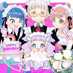  4girls alternate_costume aqua_hair birthday birthday_cake black_dress blue_eyes blue_hair bright_pupils brooch cake closed_mouth collared_dress cut_bangs dress earrings ellee-chan english_text enmaided food gift glasses grandmother_and_granddaughter green_eyes grey_hair hair_bun happy_birthday highres hirogaru_sky!_precure holding holding_plate jewelry juliet_sleeves leaning_forward long_hair long_sleeves looking_at_another looking_at_viewer maid maid_headdress medium_hair multiple_girls nijigaoka_mashiro nijigaoka_yoyo open_mouth pink_hair plate precure puffy_short_sleeves puffy_sleeves purple_hair short_hair short_sleeves side_ponytail single_hair_bun sitting smile sora_harewataru ton_(ton39342104) two_side_up white_pupils wing_collar yellow_eyes 