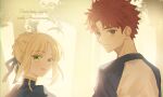  1boy 1girl ahoge anniversary artoria_pendragon_(fate) backlighting blonde_hair blue_ribbon emiya_shirou fate/stay_night fate_(series) forest green_eyes grey_eyes hair_ribbon highres looking_at_viewer looking_back nature outdoors parted_lips printemps redhead ribbon saber_(fate) smile upper_body 