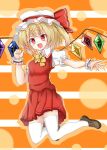  1girl blonde_hair bow bowtie breasts brown_footwear collared_shirt crystal fang flandre_scarlet full_body hat hat_ribbon highres loafers looking_at_viewer medium_hair mob_cap moon multicolored_wings one_side_up orange_background pleated_skirt puffy_short_sleeves puffy_sleeves red_eyes red_ribbon red_skirt ribbon shimohuri_(novazz221) shirt shoes short_sleeves simple_background skin_fang skirt small_breasts solo thigh-highs touhou white_headwear white_shirt white_thighhighs wings wrist_cuffs yellow_bow yellow_bowtie 