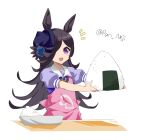  1girl :d animal_ears apron black_hair blue_bow blue_flower blue_headwear blue_rose bow flower food hair_over_one_eye hat hat_flower holding holding_food horse_ears long_hair nejikyuu notice_lines onigiri outstretched_arms pink_apron puffy_short_sleeves puffy_sleeves purple_shirt rice rice_shower_(umamusume) rose school_uniform shirt short_sleeves simple_background smile solo swept_bangs tilted_headwear tracen_school_uniform twitter_username umamusume upper_body very_long_hair violet_eyes white_background 
