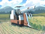  blue_sky clouds combine_harvester day farm furret grass hasu_(2157hasu) hat hat_on_back highres mountain no_humans outdoors pokemon pokemon_(creature) scenery sky tree 