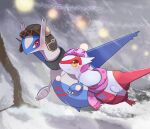  black_headwear bonte380381 clothed_pokemon fur-trimmed_headwear fur_trim headwear_request highres latias latios no_humans pink_headwear pink_scarf pokemon pokemon_(creature) red_eyes scarf smile yellow_eyes 