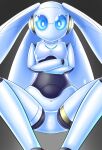  blue_eyes colored_skin crossed_arms disney drossel_von_flugel fireball_(series) highres humanoid_robot joints looking_at_viewer no_humans no_mouth robot robot_girl robot_joints shiny_skin simple_background solo spread_legs squatting user_pxys7455 white_background white_skin 