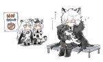  1boy 1other 2girls animal_ear_fluff animal_ears annoyed arknights bench black_cape black_coat black_footwear black_jacket black_necktie bright_pupils cabbie_hat cape chibi cliffheart_(arknights) closed_eyes coat commentary_request doctor_(arknights) fur-trimmed_coat fur_trim grey_eyes hand_on_own_hip hat head_chain highres holding_another&#039;s_tail holding_own_tail hood hooded_jacket jacket leopard_boy leopard_ears leopard_tail long_hair looking_at_another multiple_girls necktie no_symbol pramanix_(arknights) shirt short_hair sign silverash_(arknights) sitting sitting_on_lap sitting_on_person soppos sparkle tail white_hair white_headwear white_pupils white_shirt 