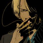  1boy black_background black_jacket blonde_hair blue_shirt cigarette close-up curly_eyebrows fengcheche hair_over_one_eye holding holding_cigarette jacket looking_at_viewer male_focus one_piece sanji_(one_piece) shirt short_hair smile 