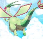  blue_sky bonte380381 clouds cloudy_sky fang flygon flying from_behind looking_at_viewer looking_back no_humans pokemon pokemon_(creature) red_eyes sky solo 